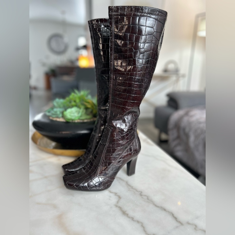 Franco Sarto Crocodile Embossed Leather Square
Toes High Boots- Brown Burgundy